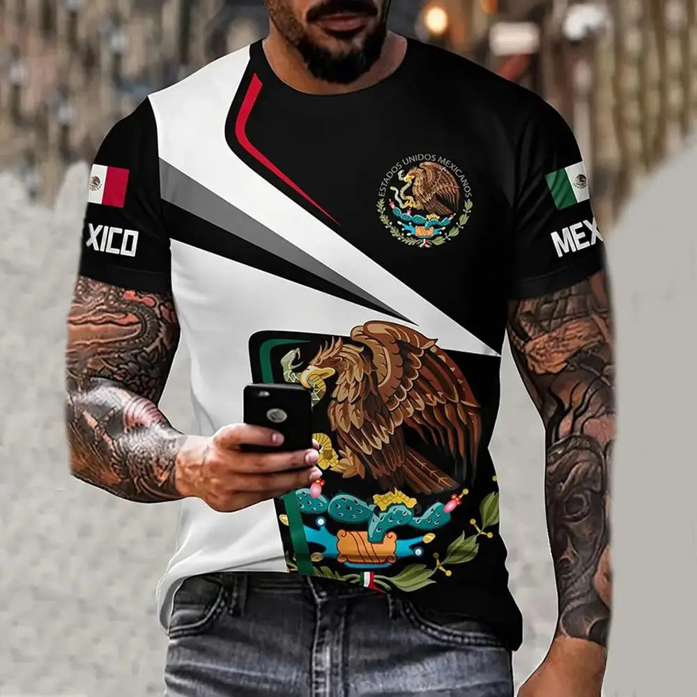 Camiseta para hombre, moda, estampado de bandera nacional de águila en 3D, manga corta, oversize, informal, cuello redondo, ropa de calle