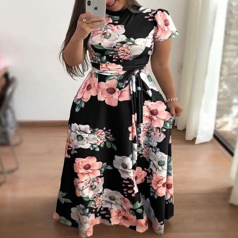 Vestido largo bohemio de playa para mujer, nuevo vestido de otoño con estampado floral, manga corta y cuello alto, informal, largo hasta el suelo, elegante y con estilo.