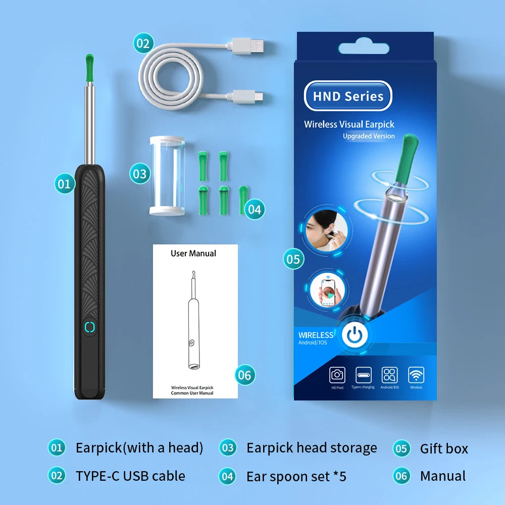 Limpiador de oídos con cámara, otoscopio inalámbrico con carga USB C, endoscopio, herramienta para eliminar cera, minicámara