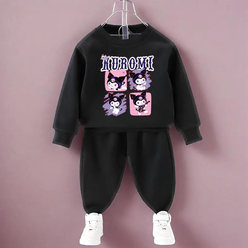 Conjuntos de sudaderas con capucha para niños de Sanrio, otoño y primavera, chándal con estampado de Kuromi para niños y niñas, conjunto de 2 piezas de jersey y pantalón transpirables para niños