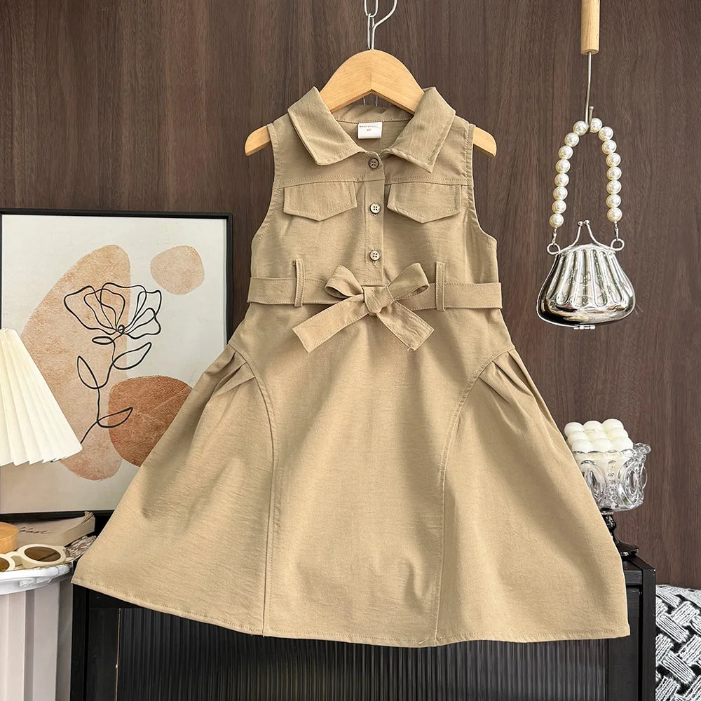 Vestidos de verano sin mangas para niñas, estilo rompevientos, con cintura elástica y colores sólidos, para el trabajo