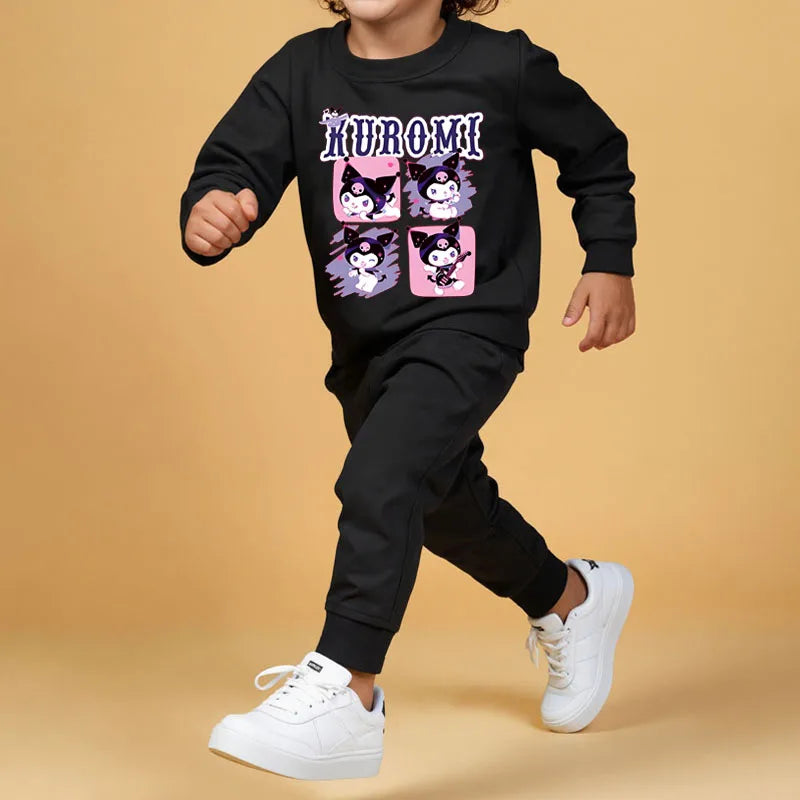 Conjuntos de sudaderas con capucha para niños de Sanrio, otoño y primavera, chándal con estampado de Kuromi para niños y niñas, conjunto de 2 piezas de jersey y pantalón transpirables para niños