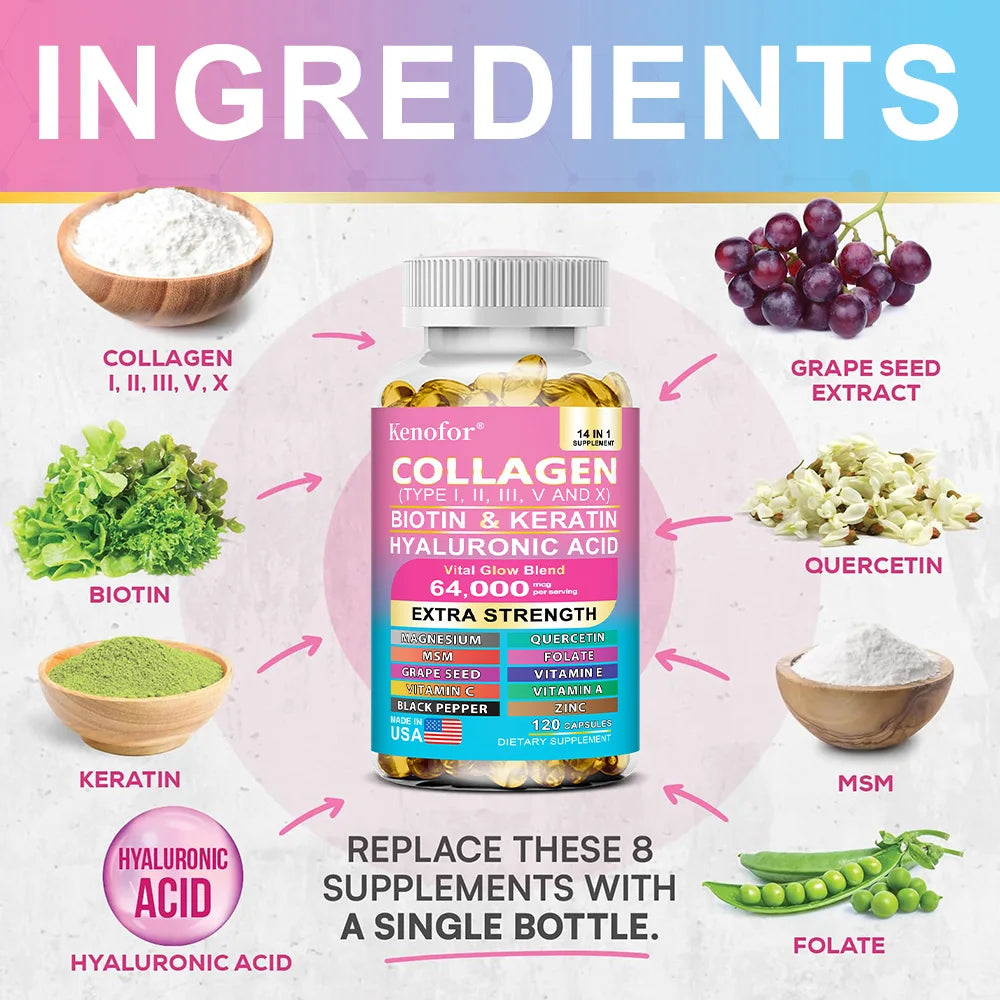 Colágeno Kenofor 1000 mg con biotina 10 000 mcg, queratina, ácido hialurónico, vitamina C, fórmula saludable, suplemento dietético sin gluten.