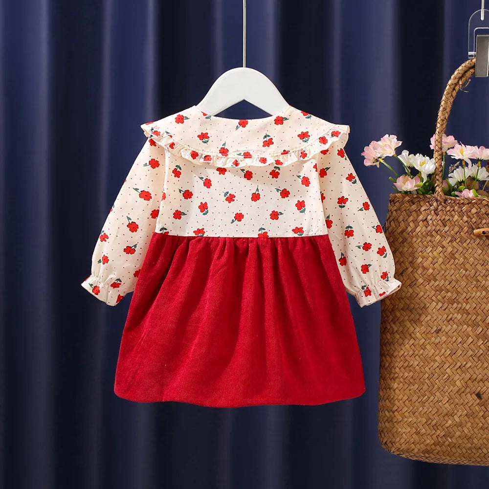 Vestido de otoño para niñas recién nacidas, de manga larga, con solapa y flores fragmentadas de dibujos animados, vestido de princesa para bebés, vestido con tirantes de flores