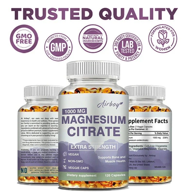 Citrato de magnesio: suplemento para el estrés, la relajación, los huesos, el sueño, la salud cardíaca, los nervios, los músculos y el metabolismo.