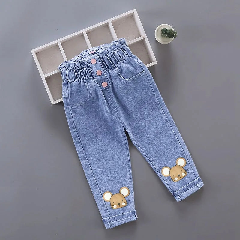 Pantalones vaqueros largos con estampado floral de dibujos animados para niñas, pantalones casuales con agujeros y estampado de grafiti para primavera y otoño