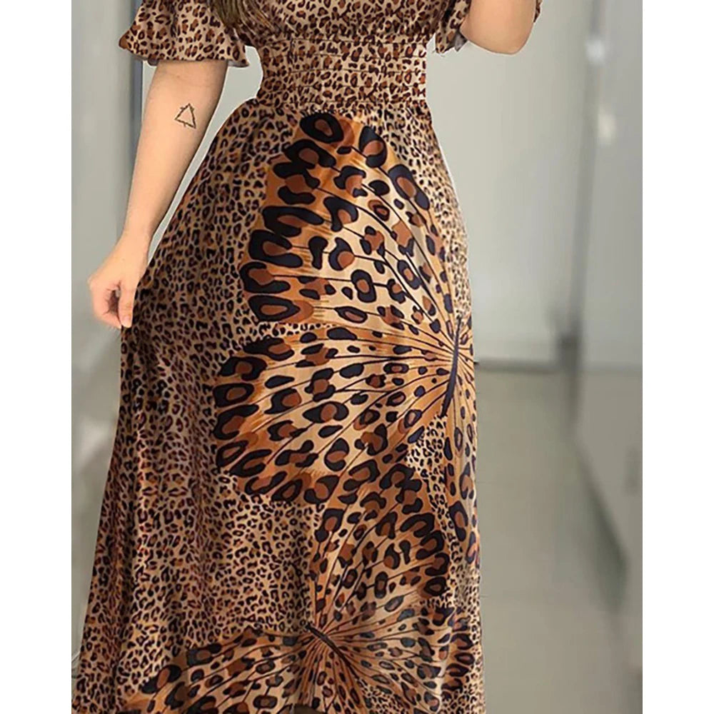 2024 Nieuwe Mode Luipaard Gewaad Afdrukken Lange Jurk Ruche Maxi Zonnejurk Bohemian Vrouwen Zomer Sexy Toevallige Elegante Strap