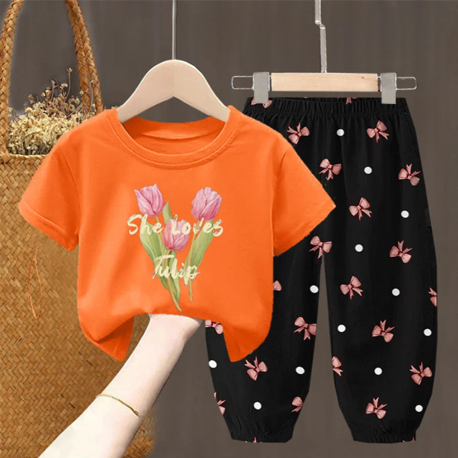 Conjuntos de verano para niñas, ropa para niños pequeños, camiseta de moda, top y pantalones, 2 piezas