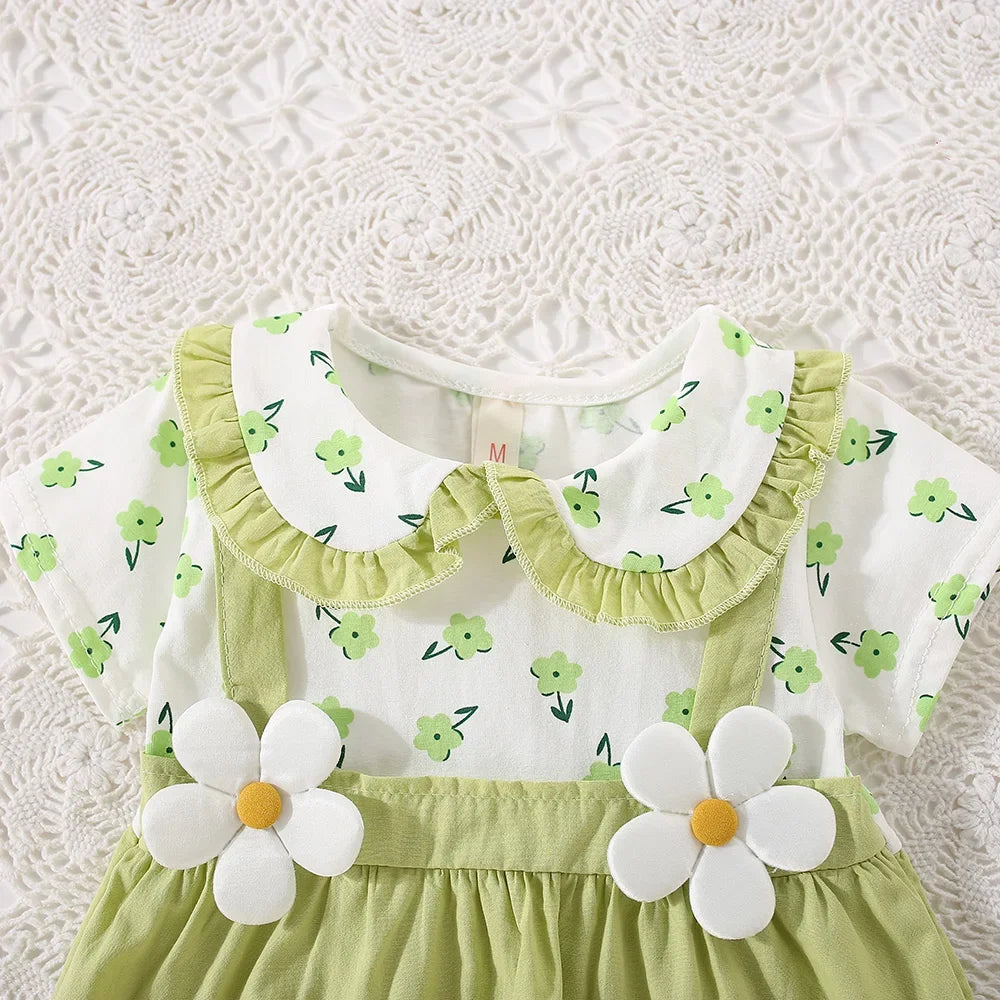 Vestido de verano para niña de 0 a 3 años, de algodón, con estampado floral, de dos piezas y tirantes finos, de manga corta.