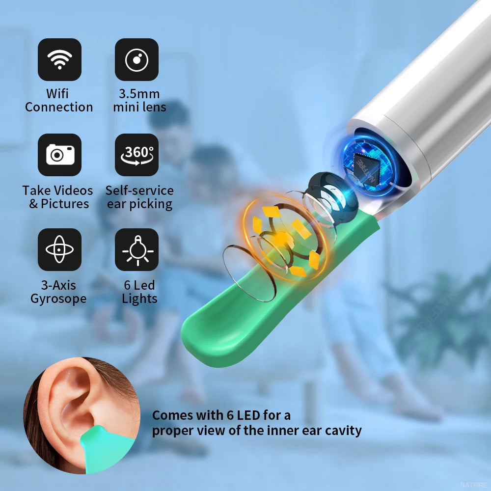 Limpiador de oídos con cámara, otoscopio inalámbrico con carga USB C, endoscopio, herramienta para eliminar cera, minicámara