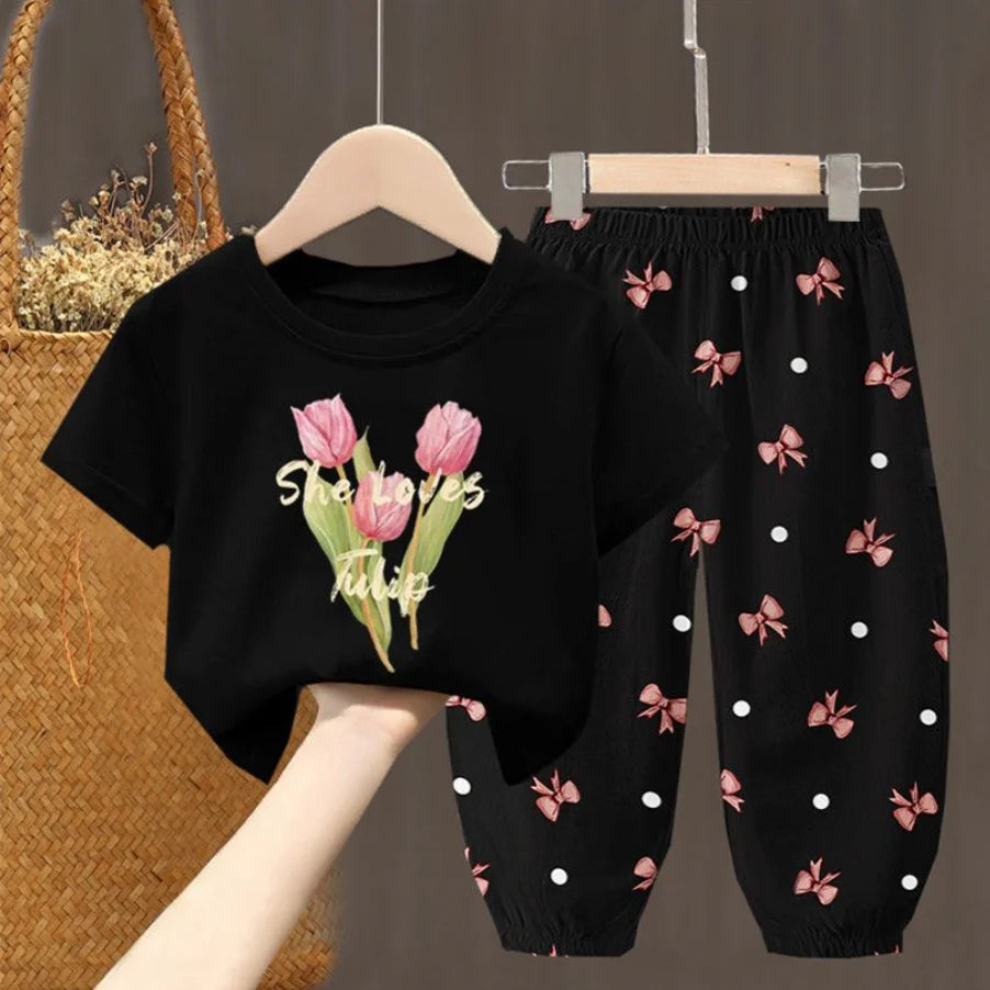 Conjuntos de verano para niñas, ropa para niños pequeños, camiseta de moda, top y pantalones, 2 piezas
