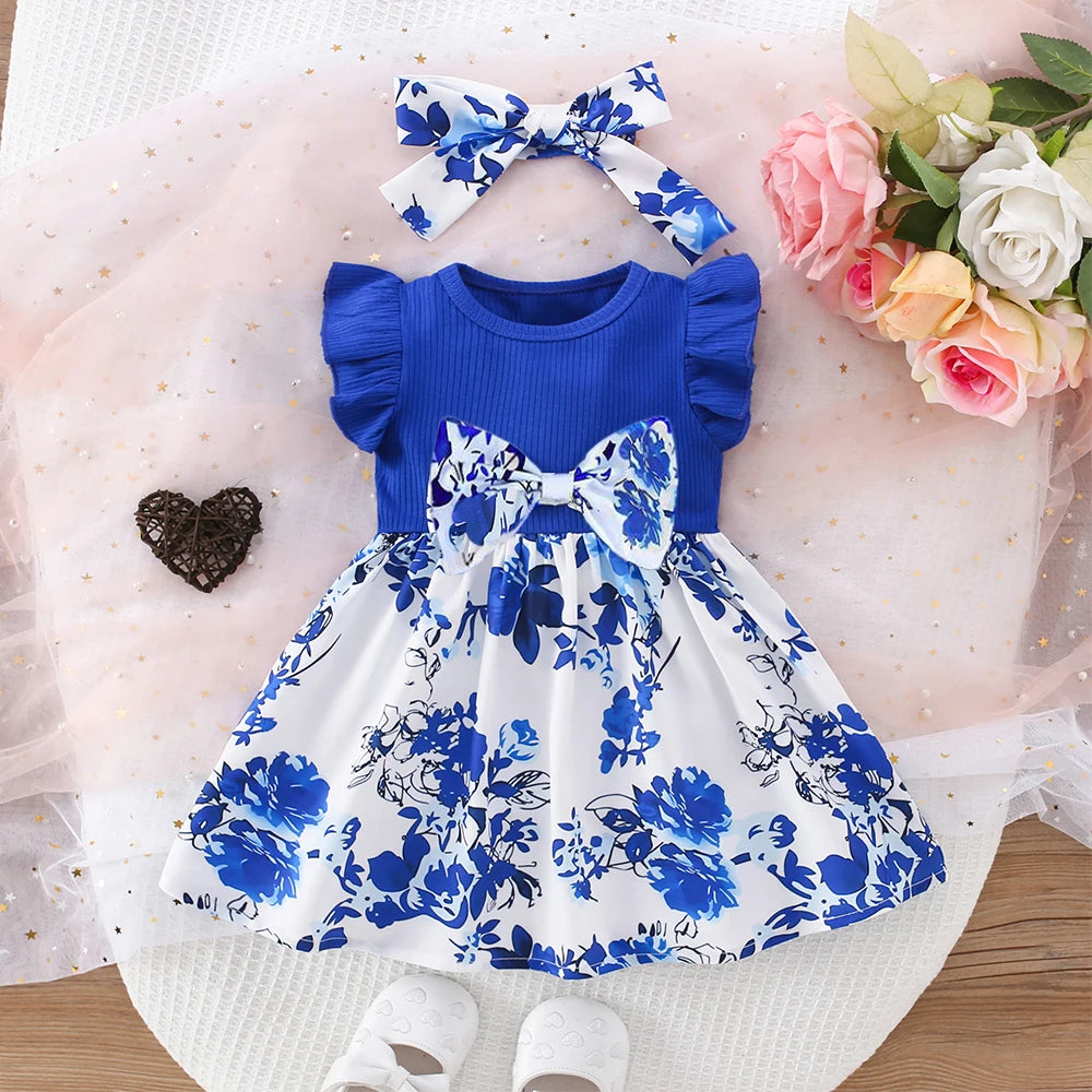 Vestido de verano para niña, nuevo, con mangas cortas y volantes, lazo plisado, cinta azul y blanca, elementos de porcelana, estilo chino, para fiesta de cumpleaños.