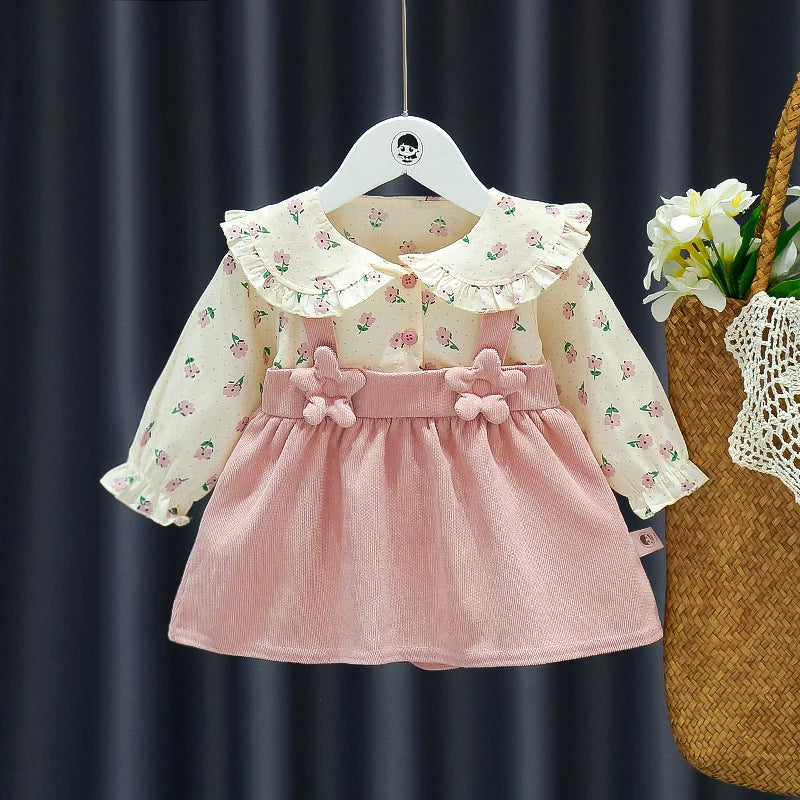 Vestido de otoño para niñas recién nacidas, de manga larga, con solapa y flores fragmentadas de dibujos animados, vestido de princesa para bebés, vestido con tirantes de flores