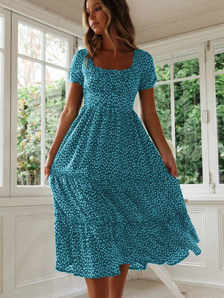 Sexy Square Collar Floral Print Midi Dress 2024 Women's Summer Puff Short Sleeve Ruffles Casual Party Dresses For Women Robe