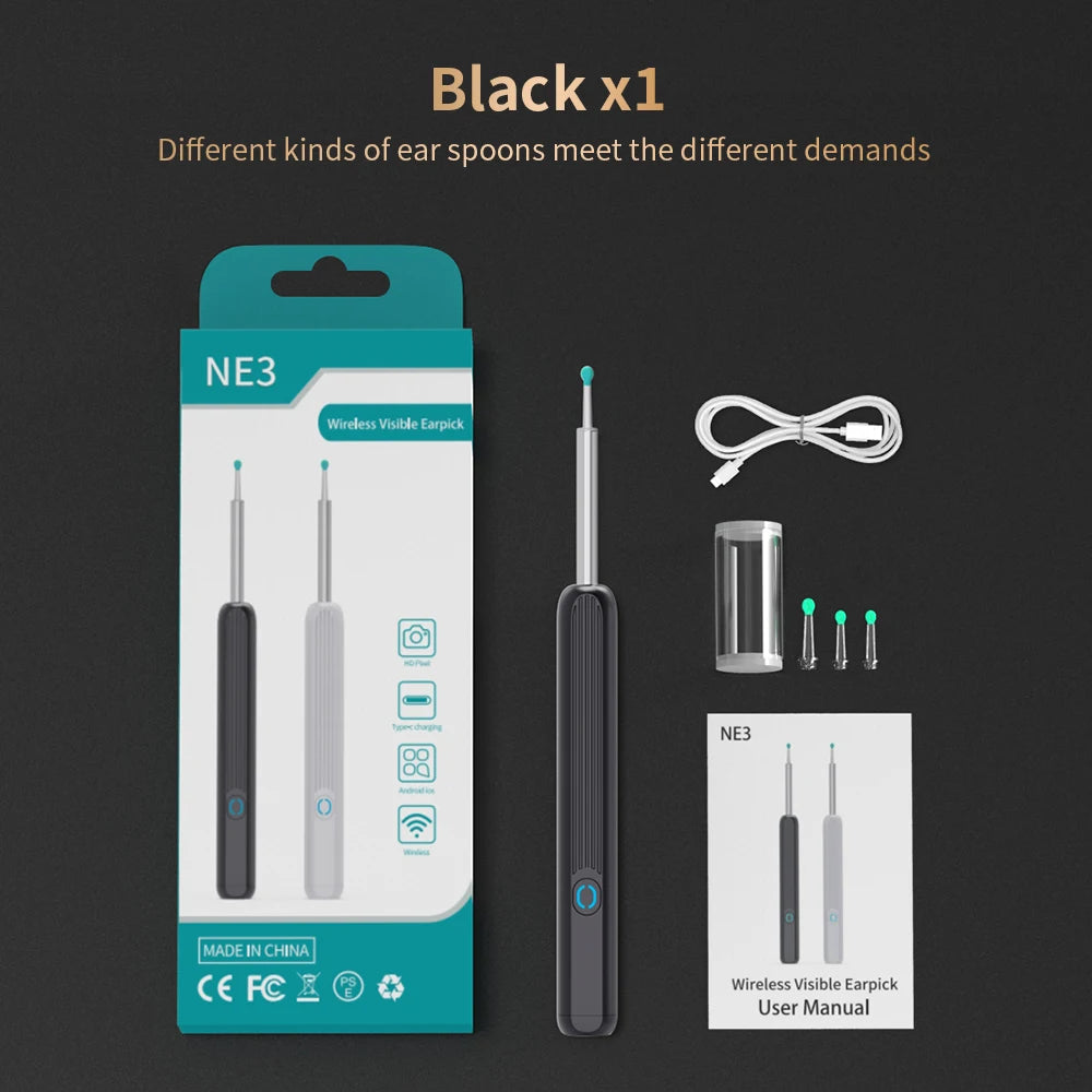 Limpiador de oídos NE3, herramienta de eliminación de cerumen de alta precisión con cámara y luz LED, otoscopio inalámbrico, kit de limpieza de oídos inteligente, el mejor regalo.