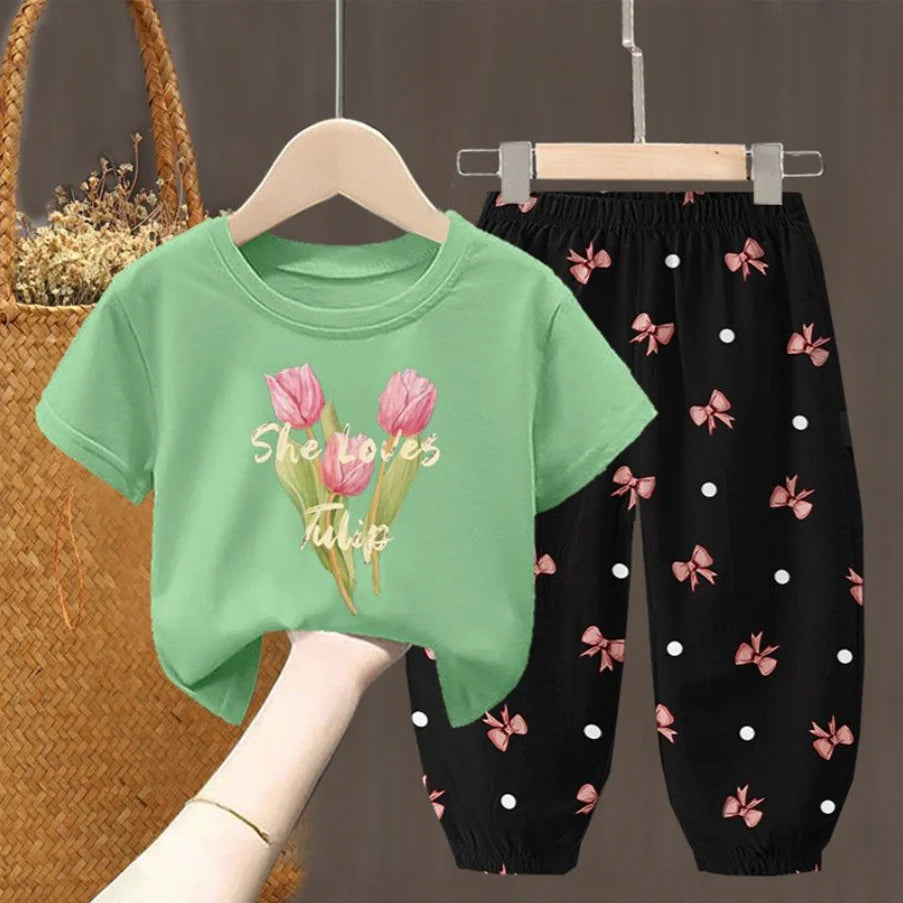 Conjuntos de verano para niñas, ropa para niños pequeños, camiseta de moda, top y pantalones, 2 piezas