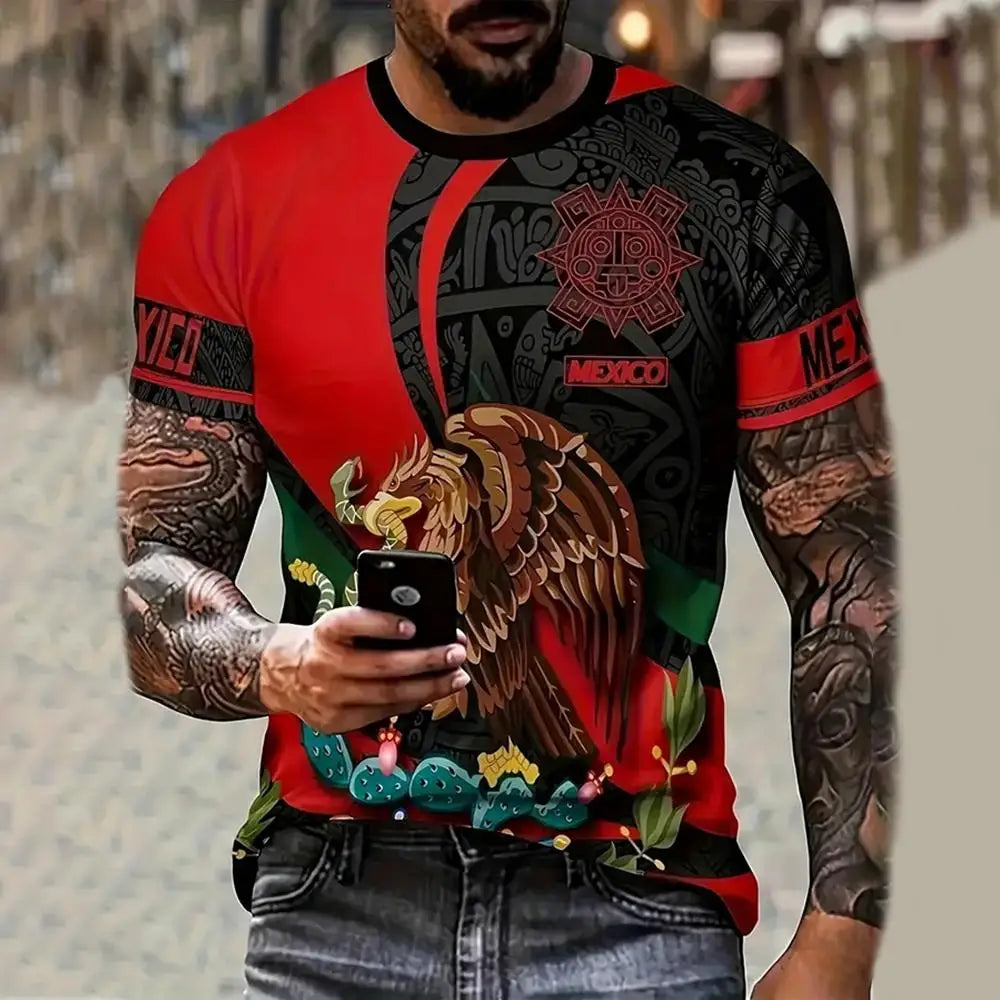 Camiseta para hombre, moda, estampado de bandera nacional de águila en 3D, manga corta, oversize, informal, cuello redondo, ropa de calle