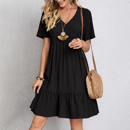 Vestido de verano liso para mujer, informal, bohemio, con escote en V, manga corta, volantes, holgado, corte A, minivestido elegante para fiesta en la playa, vestidos de calle