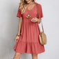 Vestido de verano liso para mujer, informal, bohemio, con escote en V, manga corta, volantes, holgado, corte A, minivestido elegante para fiesta en la playa, vestidos de calle