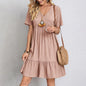 Vestido de verano liso para mujer, informal, bohemio, con escote en V, manga corta, volantes, holgado, corte A, minivestido elegante para fiesta en la playa, vestidos de calle