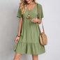 Vestido de verano liso para mujer, informal, bohemio, con escote en V, manga corta, volantes, holgado, corte A, minivestido elegante para fiesta en la playa, vestidos de calle