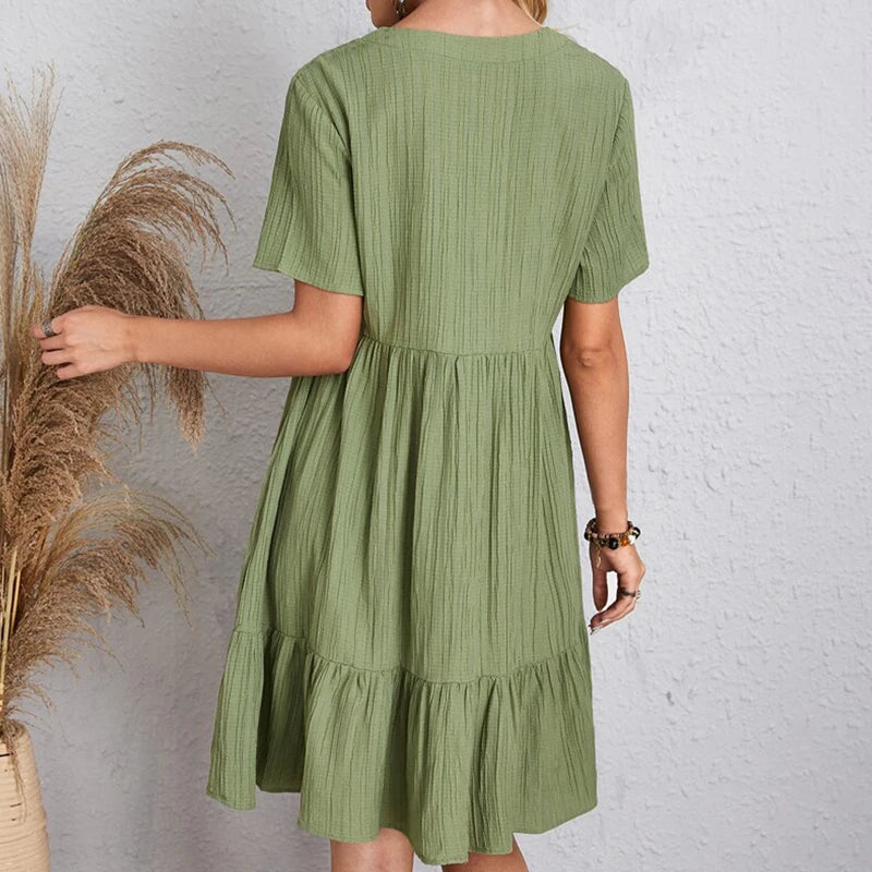 Vestido de verano liso para mujer, informal, bohemio, con escote en V, manga corta, volantes, holgado, corte A, minivestido elegante para fiesta en la playa, vestidos de calle