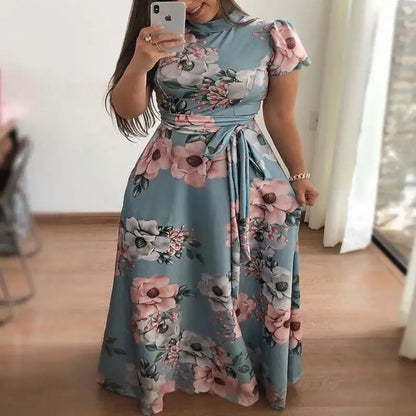 Vestido largo bohemio de playa para mujer, nuevo vestido de otoño con estampado floral, manga corta y cuello alto, informal, largo hasta el suelo, elegante y con estilo.