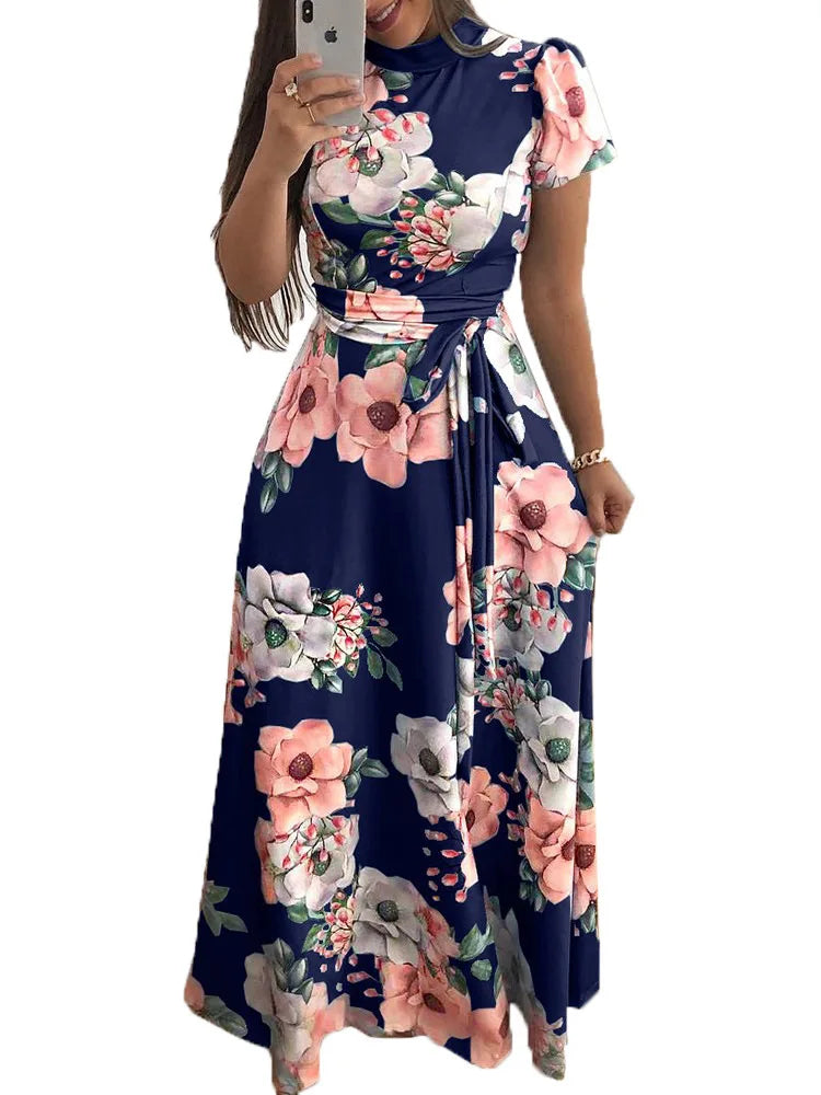 Vestido largo bohemio de playa para mujer, nuevo vestido de otoño con estampado floral, manga corta y cuello alto, informal, largo hasta el suelo, elegante y con estilo.