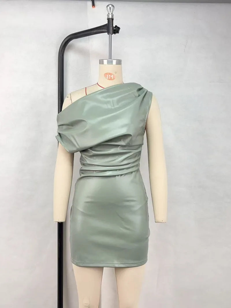 RedPeony Women Sexy PU Leather Slash Collar Sleeveless Ruched Dress Slim Streetwear Evening Night Club Party Women Mini Dress