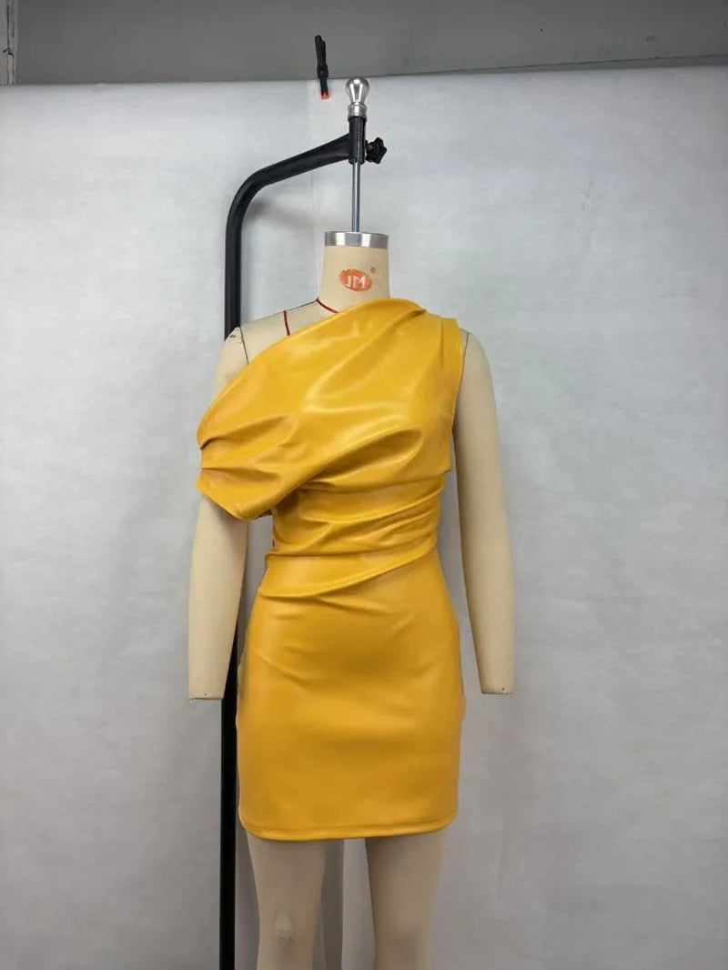 RedPeony Women Sexy PU Leather Slash Collar Sleeveless Ruched Dress Slim Streetwear Evening Night Club Party Women Mini Dress