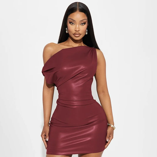 RedPeony Women Sexy PU Leather Slash Collar Sleeveless Ruched Dress Slim Streetwear Evening Night Club Party Women Mini Dress