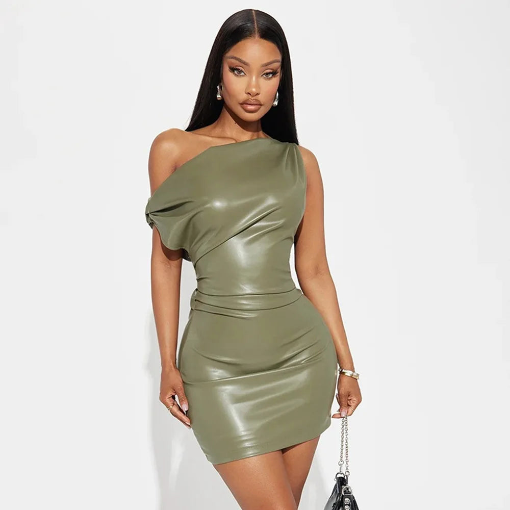RedPeony Women Sexy PU Leather Slash Collar Sleeveless Ruched Dress Slim Streetwear Evening Night Club Party Women Mini Dress
