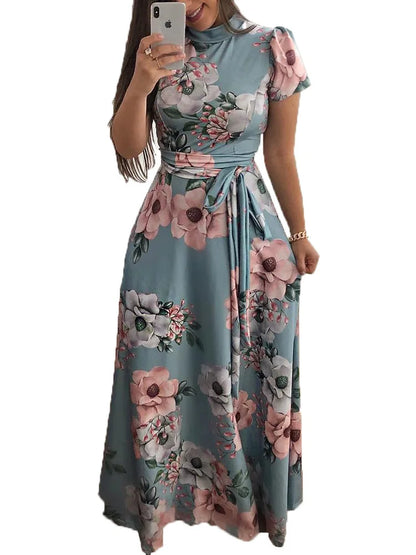 Vestido largo bohemio de playa para mujer, nuevo vestido de otoño con estampado floral, manga corta y cuello alto, informal, largo hasta el suelo, elegante y con estilo.