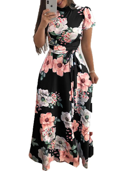 Vestido largo bohemio de playa para mujer, nuevo vestido de otoño con estampado floral, manga corta y cuello alto, informal, largo hasta el suelo, elegante y con estilo.