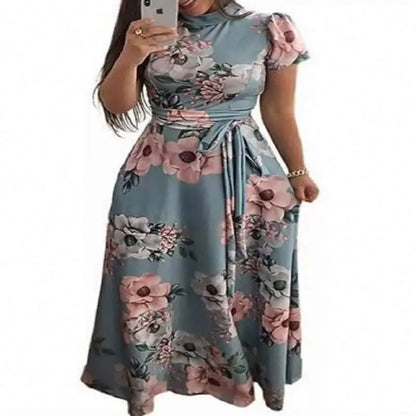 Vestido largo bohemio de playa para mujer, nuevo vestido de otoño con estampado floral, manga corta y cuello alto, informal, largo hasta el suelo, elegante y con estilo.