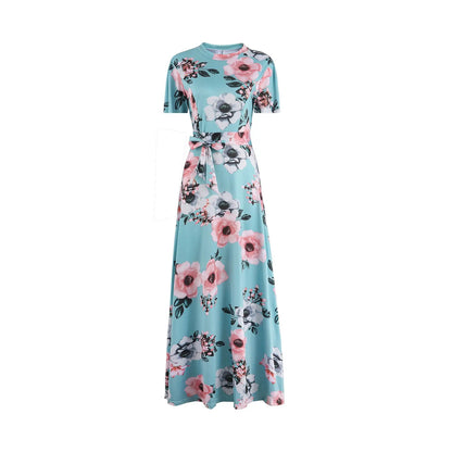 Vestido largo bohemio de playa para mujer, nuevo vestido de otoño con estampado floral, manga corta y cuello alto, informal, largo hasta el suelo, elegante y con estilo.