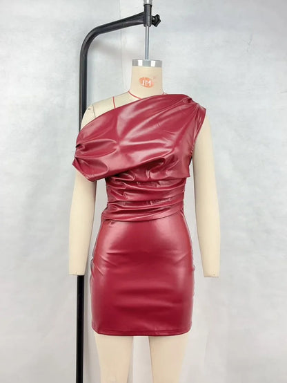 RedPeony Women Sexy PU Leather Slash Collar Sleeveless Ruched Dress Slim Streetwear Evening Night Club Party Women Mini Dress