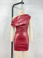 RedPeony Women Sexy PU Leather Slash Collar Sleeveless Ruched Dress Slim Streetwear Evening Night Club Party Women Mini Dress