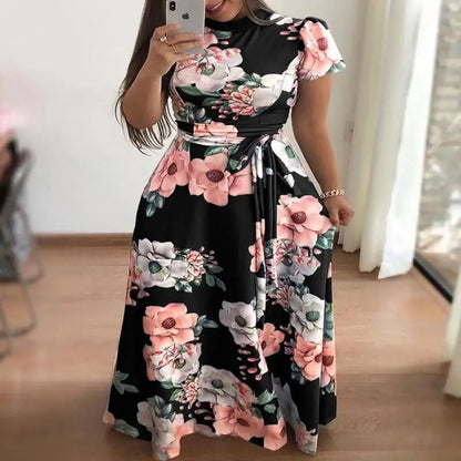 Vestido largo bohemio de playa para mujer, nuevo vestido de otoño con estampado floral, manga corta y cuello alto, informal, largo hasta el suelo, elegante y con estilo.