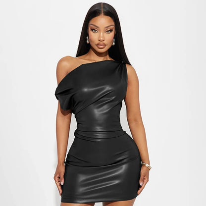 RedPeony Women Sexy PU Leather Slash Collar Sleeveless Ruched Dress Slim Streetwear Evening Night Club Party Women Mini Dress