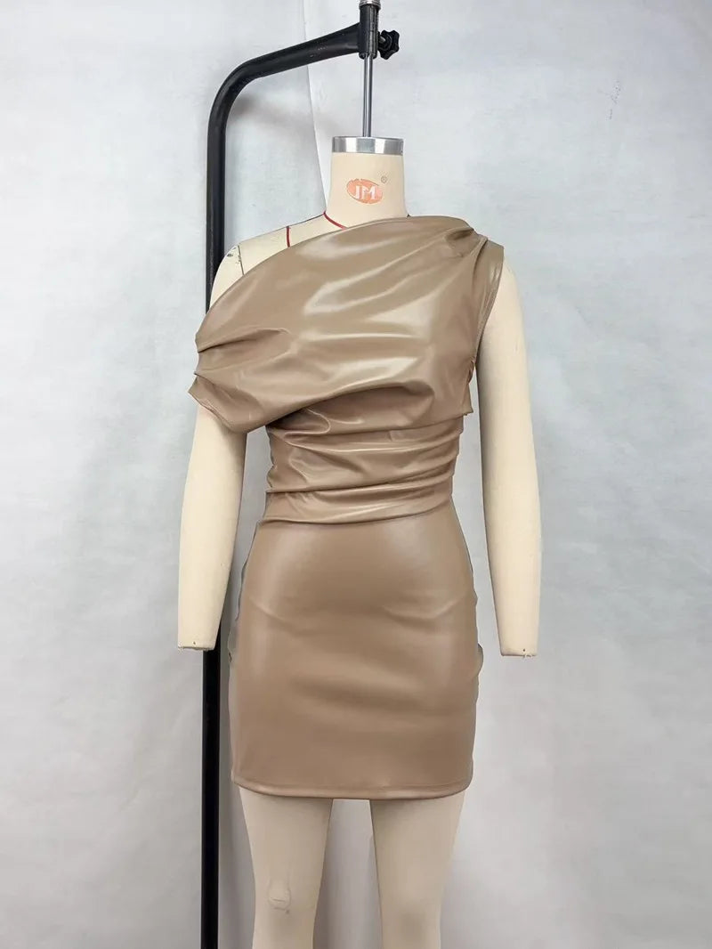 RedPeony Women Sexy PU Leather Slash Collar Sleeveless Ruched Dress Slim Streetwear Evening Night Club Party Women Mini Dress