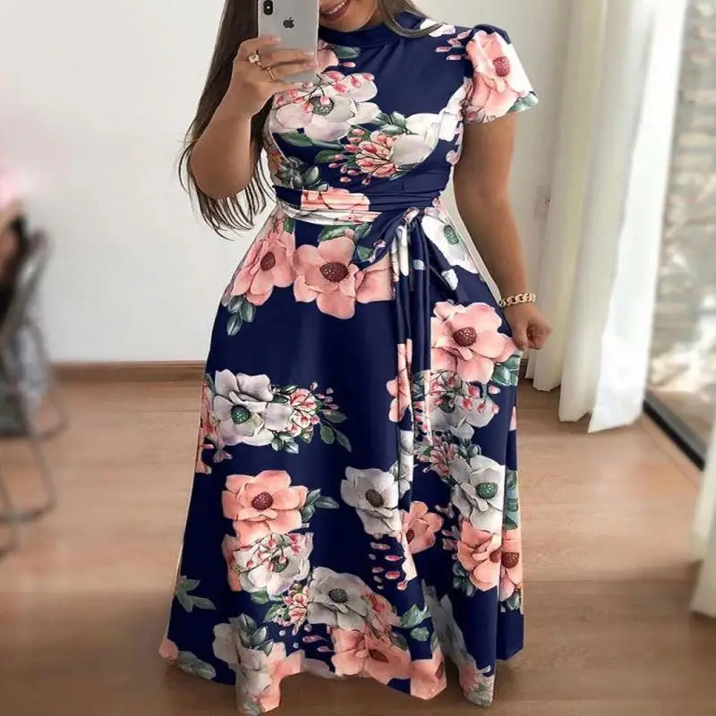 Vestido largo bohemio de playa para mujer, nuevo vestido de otoño con estampado floral, manga corta y cuello alto, informal, largo hasta el suelo, elegante y con estilo.