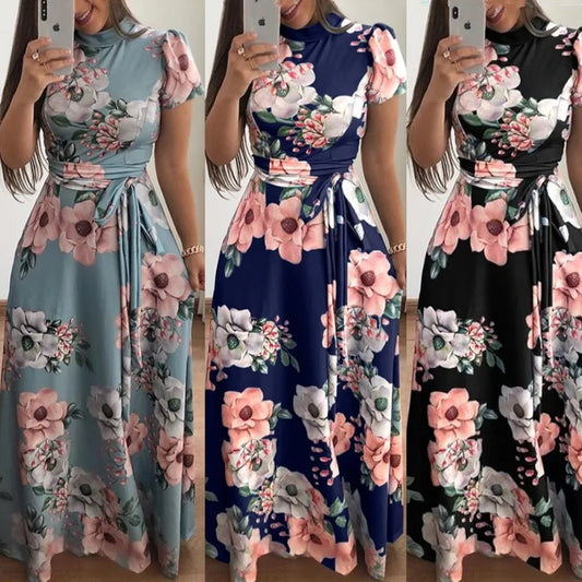 Vestido largo bohemio de playa para mujer, nuevo vestido de otoño con estampado floral, manga corta y cuello alto, informal, largo hasta el suelo, elegante y con estilo.