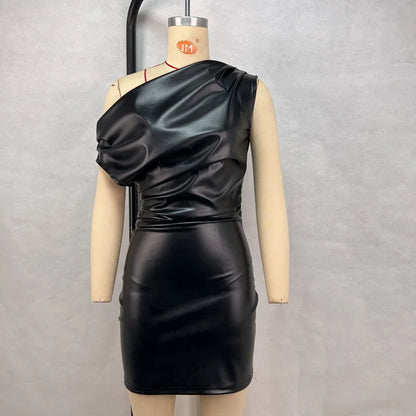 RedPeony Women Sexy PU Leather Slash Collar Sleeveless Ruched Dress Slim Streetwear Evening Night Club Party Women Mini Dress