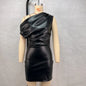 RedPeony Women Sexy PU Leather Slash Collar Sleeveless Ruched Dress Slim Streetwear Evening Night Club Party Women Mini Dress