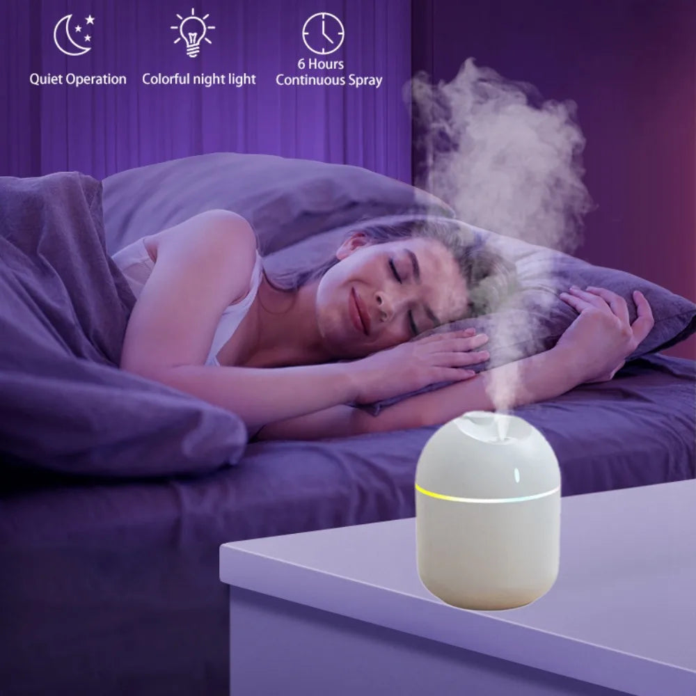 Humidificador de aire de 270 ml, difusor de aroma de vapor frío, luz LED nocturna, protección de apagado, USB, para el hogar y la oficina.