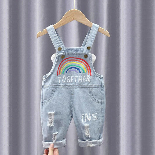 IENENS - Ropa para bebé, pantalones vaqueros con agujeros y estampado de arcoíris, mono de mezclilla, pantalones largos para bebés de 0 a 4 años