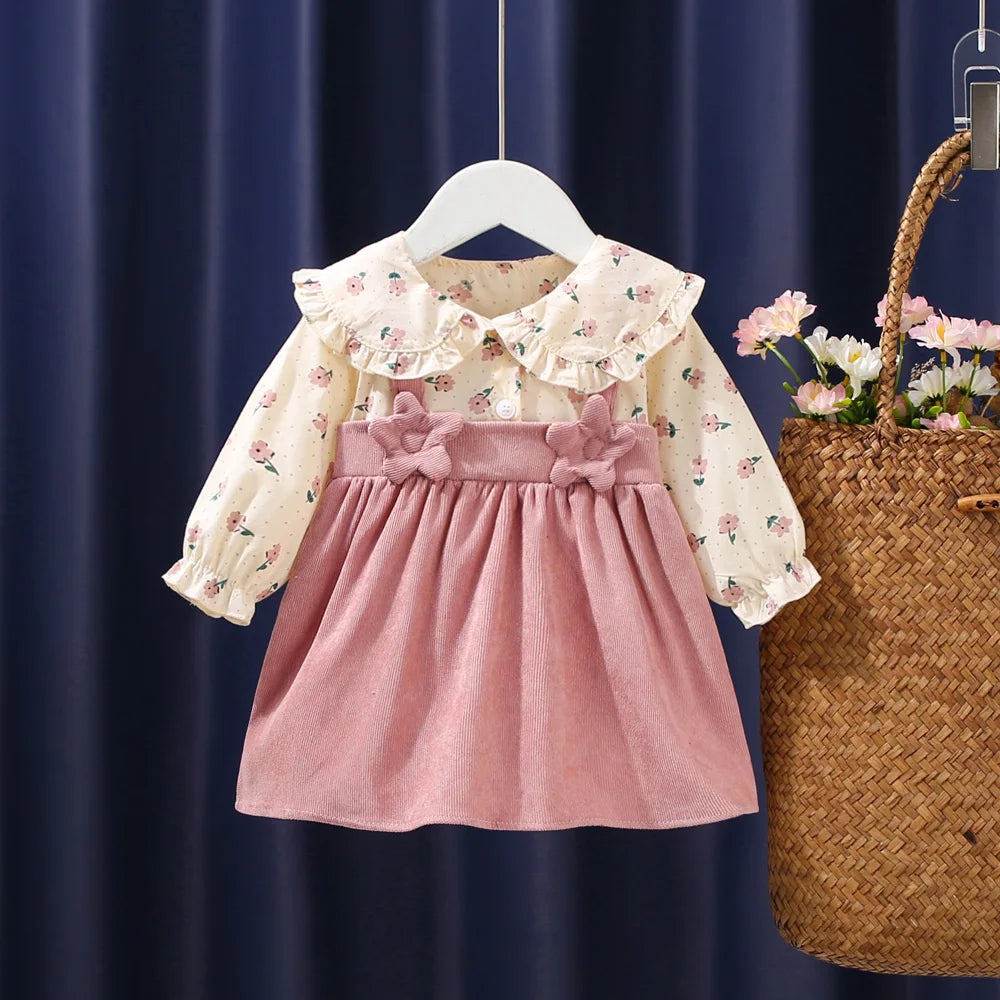Vestido de otoño para niñas recién nacidas, de manga larga, con solapa y flores fragmentadas de dibujos animados, vestido de princesa para bebés, vestido con tirantes de flores