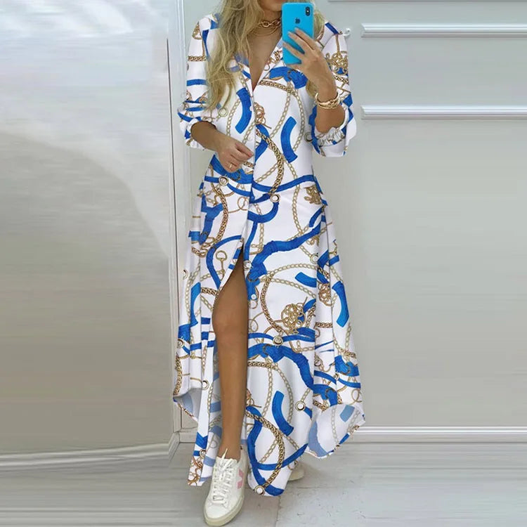 Vintage Elegant Retro Print Women's Shirt Dress Fashion Casual Holiday Dress Long Sleeve Irregular Office Lady Summer New Dress