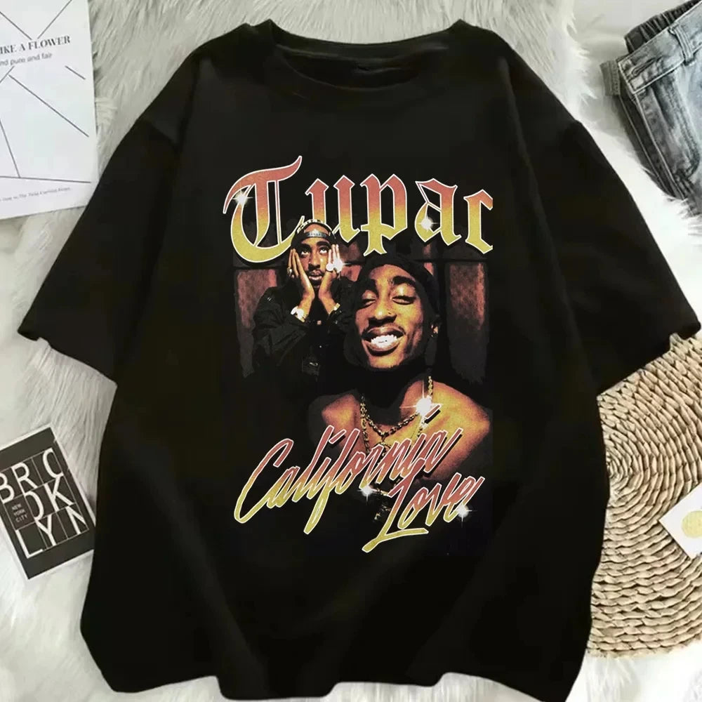 Camiseta de moda de verano 2025 del rapero Tupac, ropa urbana de hip hop, camiseta extragrande de manga corta para hombre y mujer.